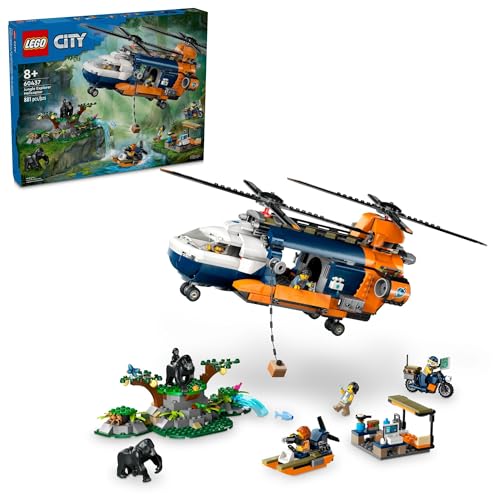 LEGO City Jungle Explorer Helicopter Toy at Base Camp - Kids Toy Adventure Building Set for Boys & Girls, Ages 8+ - with 5 Minifigures & Gorilla Figures - Gift Ideas for Birthdays - 60437
