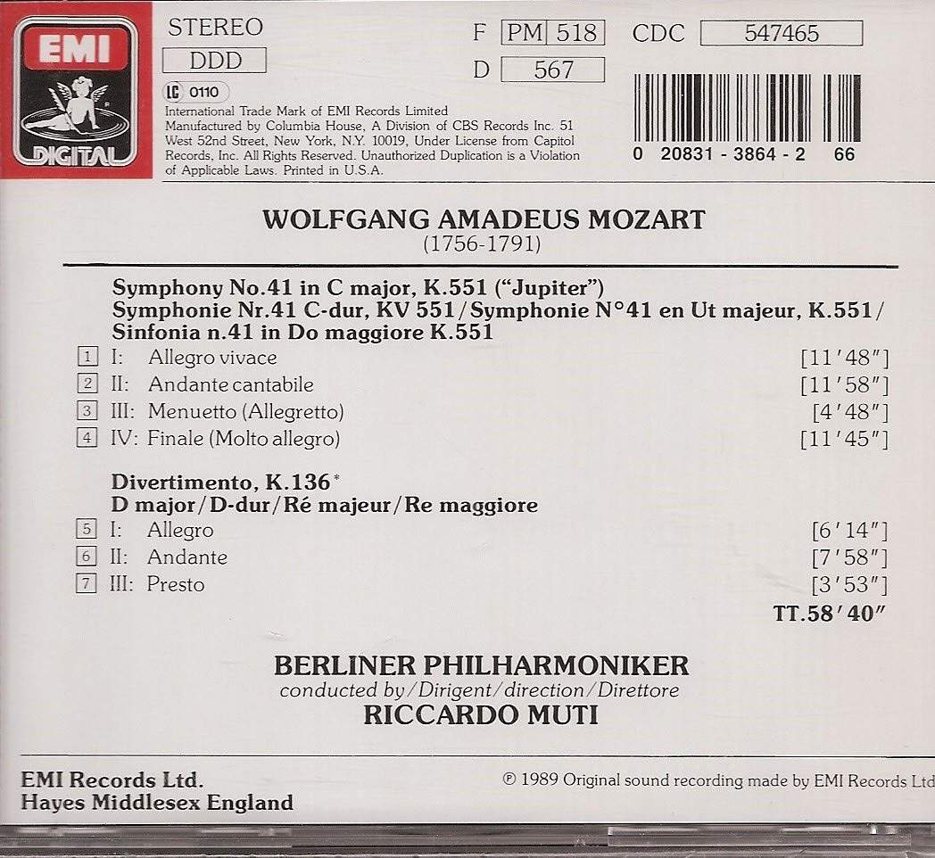 Mozart: Symphony No. 41("Jupiter") etc. Berlin Symphonic / Muti