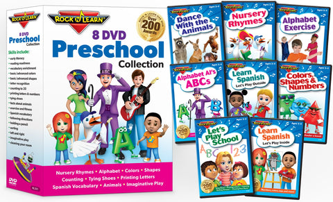 Preschool 8 DVD Collection by Rock 'N Learn (Nursery Rhymes, Alphabet Exercise, Colors, Shapes & Numbers, Let's Play School, Dance with the Animals, Alphabet AI's ABCs, Learn Spanish - Let's Play Outside and Learn Spanish - Let's Play Inside)