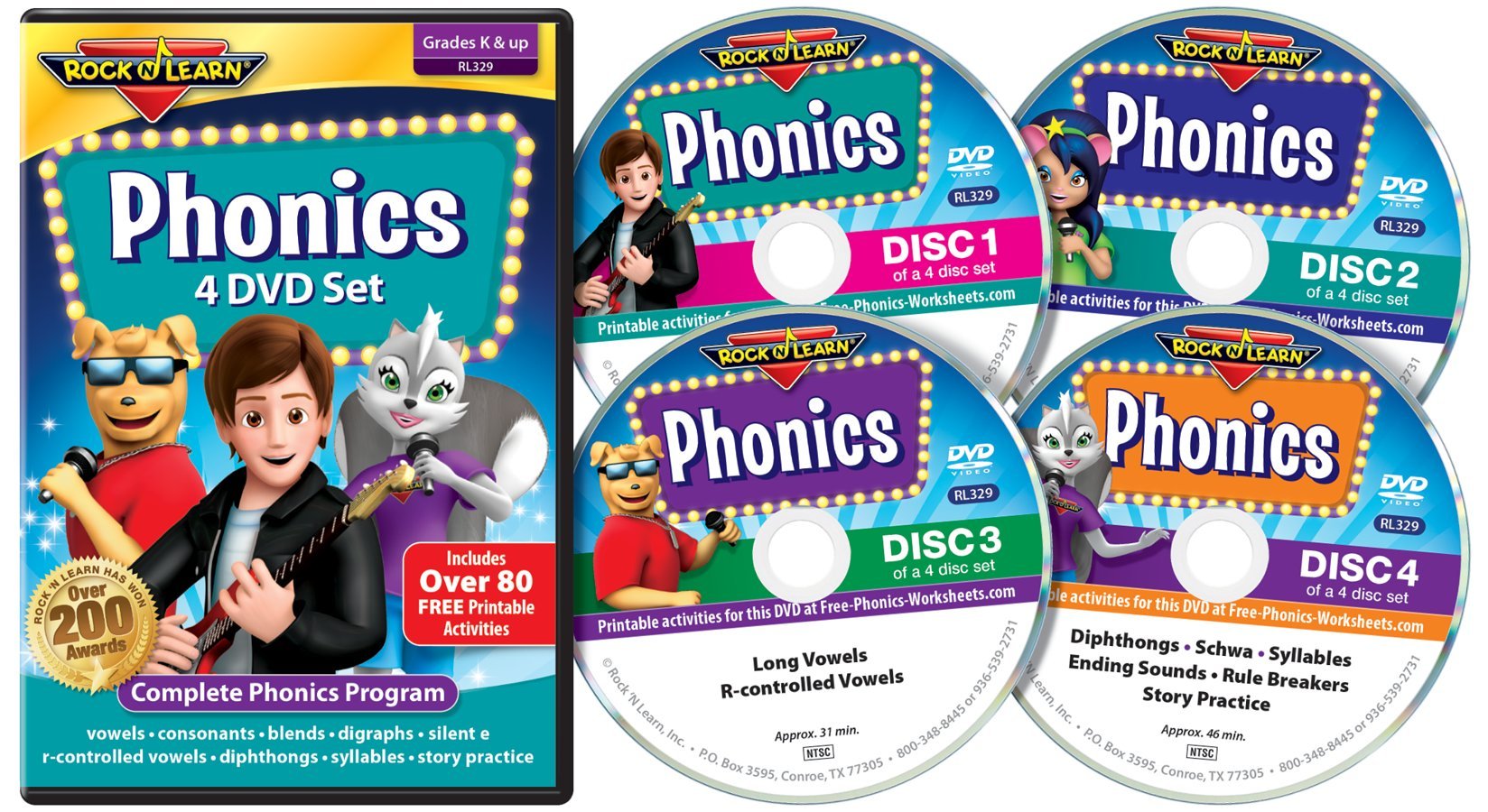 Phonics 4 DVD Set by Rock 'N Learn: Complete Phonics Program with 81 Printable Worksheets