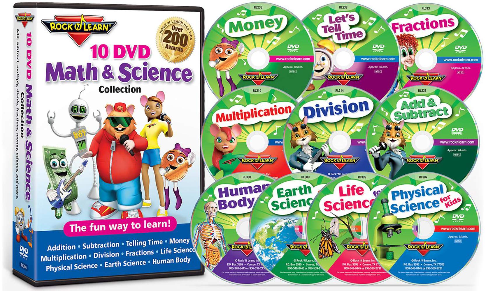 10 DVD Math & Science Collection by Rock 'N Learn (Addition & Subtraction, Tell Time, Money, Multiplication, Division, Fractions, Physical Science, Earth Science, Life Science and Human Body)